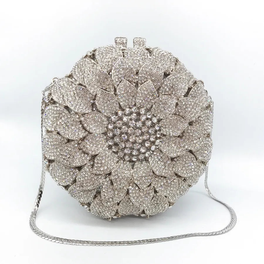 Gold Silver Rhinestone Metal Flower Round Evening Bags