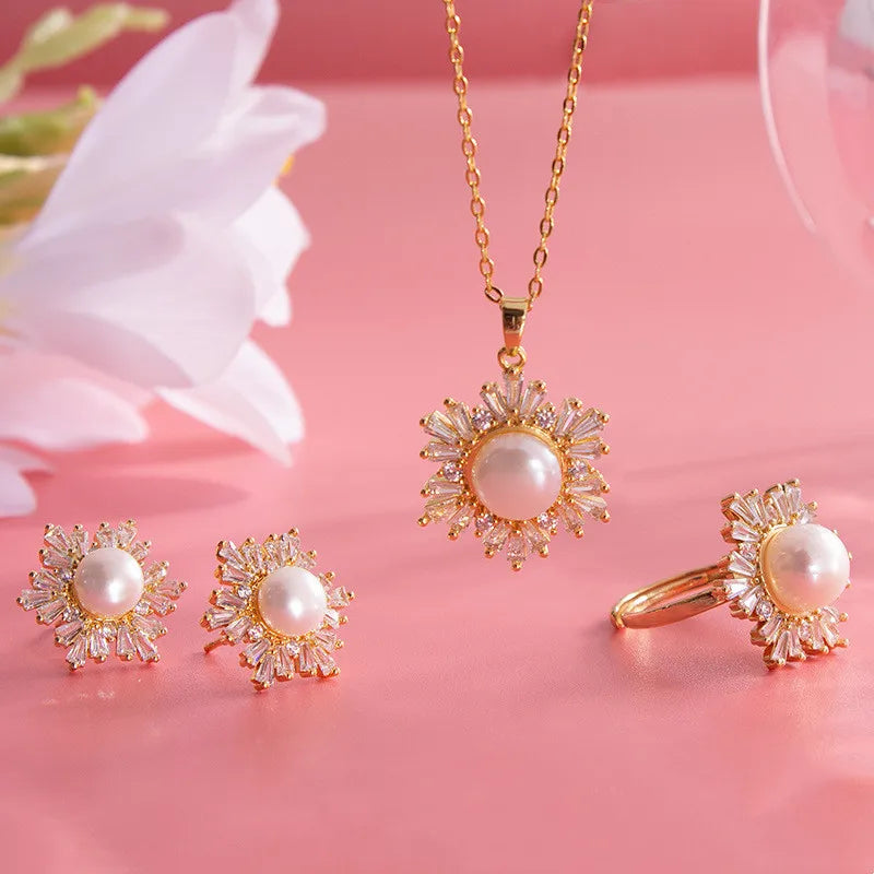 Elegant Glam Snowflake Freshwater Pearl Copper Zircon Rings Earrings Necklace In Bulk