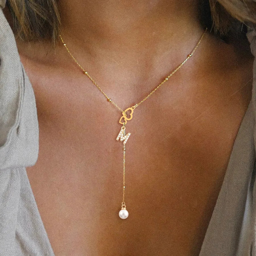 Wholesale Jewelry Elegant Simple Style Classic Style Double Heart Letter 201 Stainless Steel 304 Stainless Steel Artificial Pearl Zircon Ball Clip Chain Pendant Necklace