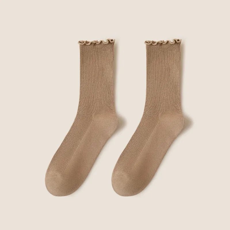 Wooden ear socks women's mid-calf socks summer thin pile socks summer black white autumn stockings loafers fashion