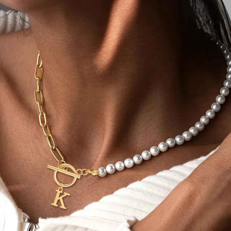 Casual Elegant Letter 201 Stainless Steel 304 Stainless Steel Artificial Pearl Beaded Chain Paperclip Chain Beaded Necklaces Wholesale