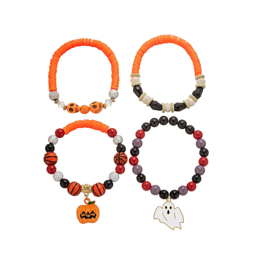 Halloween Alloy Pumpkin Ghost Pendant Resin Skeleton Random Beads Soft Clay Elastic Ladies Bracelet 4 Piece Set Geometric Pattern