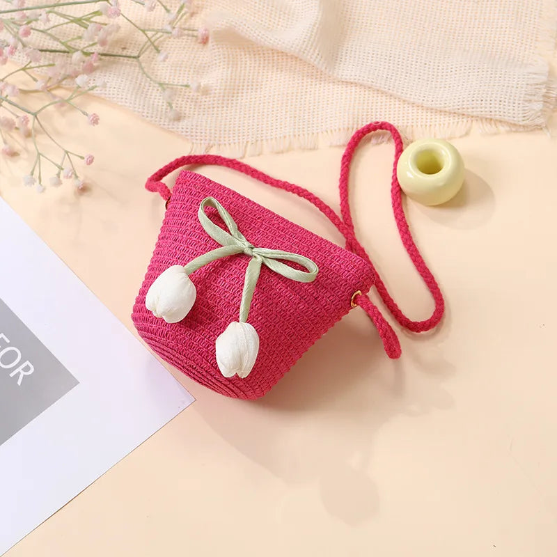 Summer Beach Seaside Tulip Straw Woven Bag  New Children Flower Straw Bag Mobile Phone Crossbody Bag