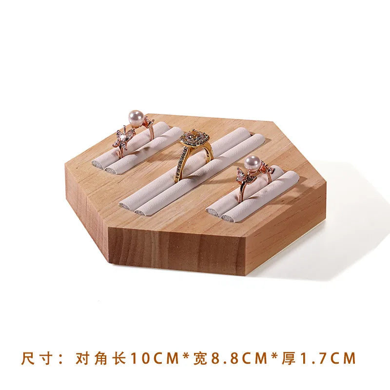 Wooden Jewelry Display Stand Ring Holder Shop Window Props Stall Selling Hexagonal Pattern Real Wood Craft Academic Style
