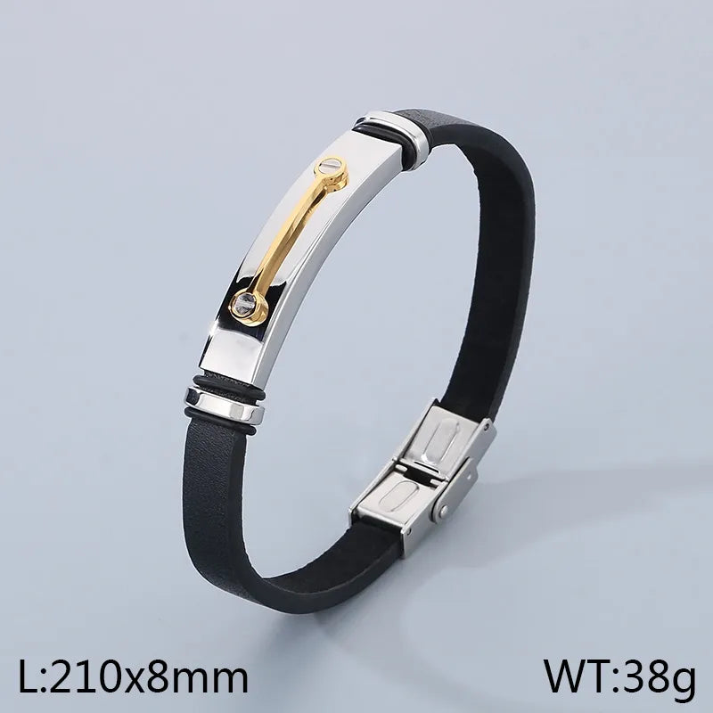 Business Color Block 304 Stainless Steel Leather Plating 18K Gold Plated Men's Bangle