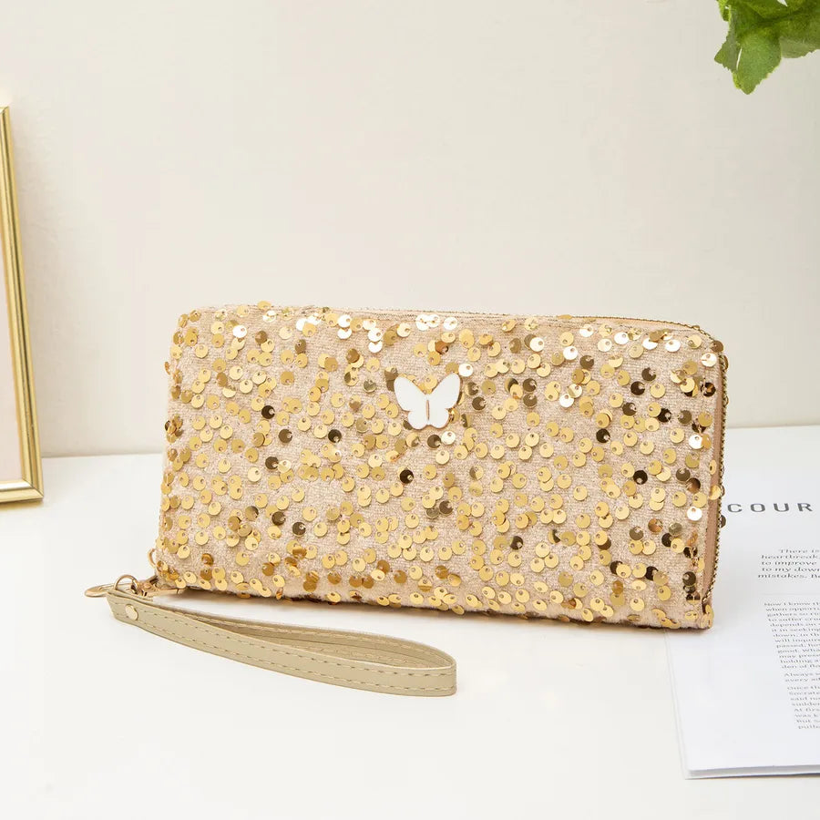 Ladies Glitter Clutch Bag Simple Butterfly Decoration Long Wallet Coin Purse Fashionable Elegant Square Shape Sparkling Bag