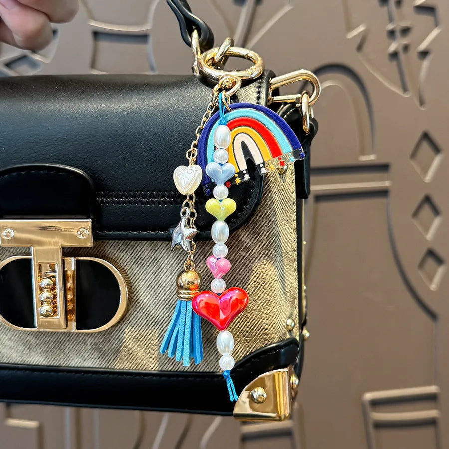 Cute Metal Keychain Pendant Beaded Bookbag Girl's Bag Charm  Style Cartoon Design Half Handmade Flower