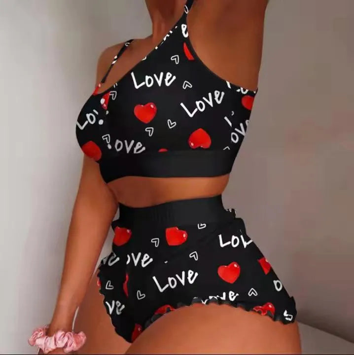 women's sweet heart shape polyester milk fiber printing shorts sets