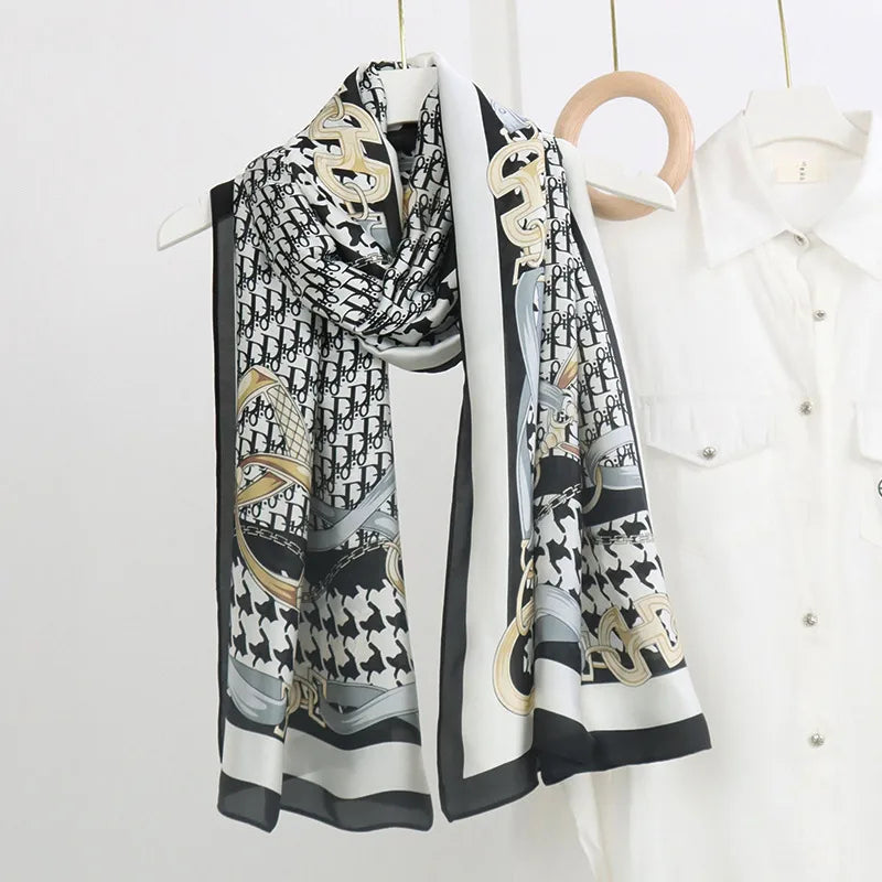 women's fashion letter plaid satin printing silk scarves