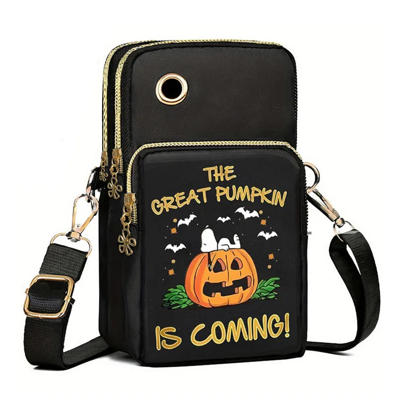 Mini Halloween Pumpkin Pattern Crossbody Bag Neck Hanging Single Shoulder Bag For Men And Women Outdoor Travel Nylon Square Bag