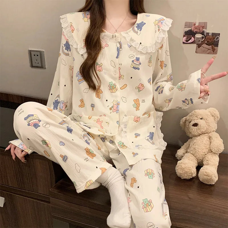 Cloud Cotton Long Sleeve Sleepwear Women's Spring Autumn Style Cute Doll Collar Home Clothes Breathable Casual Sleepwear