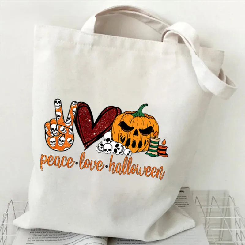 Halloween Cartoon Pumpkin Decorative Canvas Bag Student Handbag Shopping Commuter Bag Large Square Fashion Tote Bag