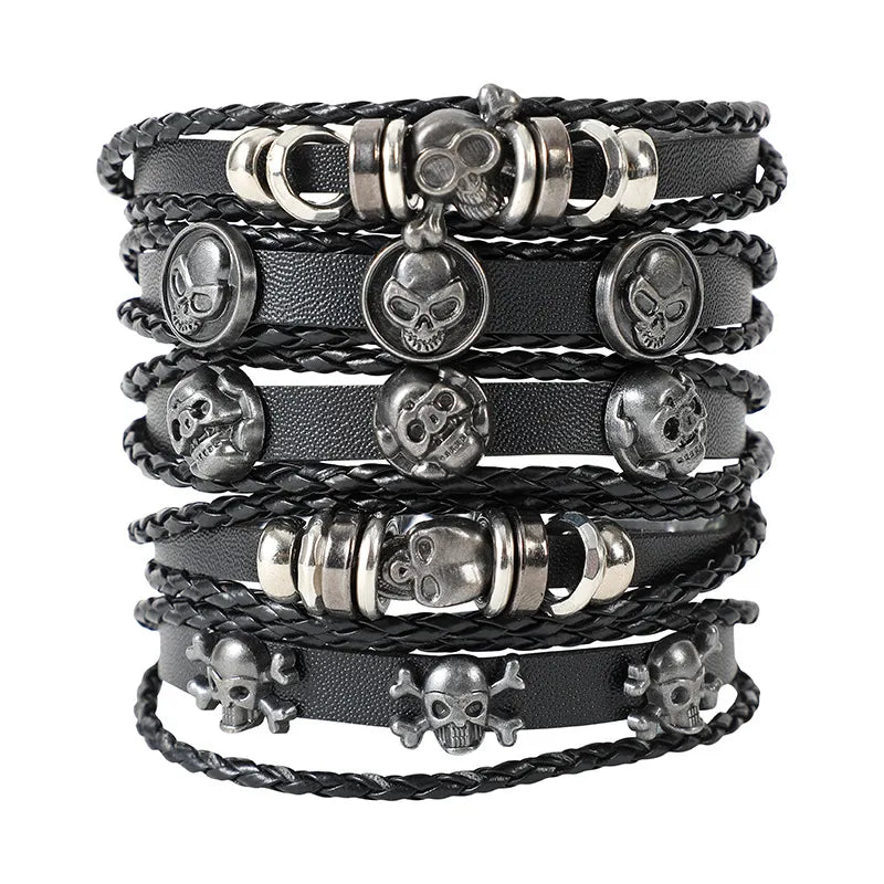 Vintage Style Gossip Skull Pu Leather Alloy Woven Chain Wrap Bracelets Wholesale