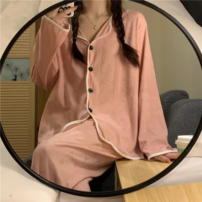 Spring Autumn Women's Long Sleeve Thin Casual Comfortable Home Clothes Set Polyester Milk Silk Medium Weight Sleepwear