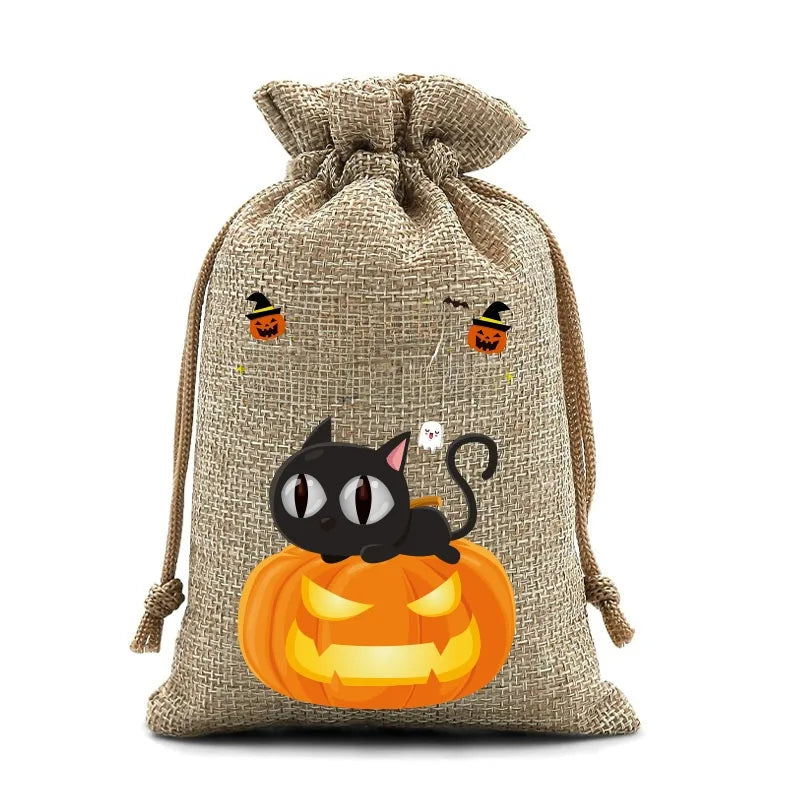 2025 New Halloween Linen Drawstring Gift Bag Pumpkin Shaped Sealed Mouth Bag Cartoon Style Heat Transfer Process Ladies Handbag