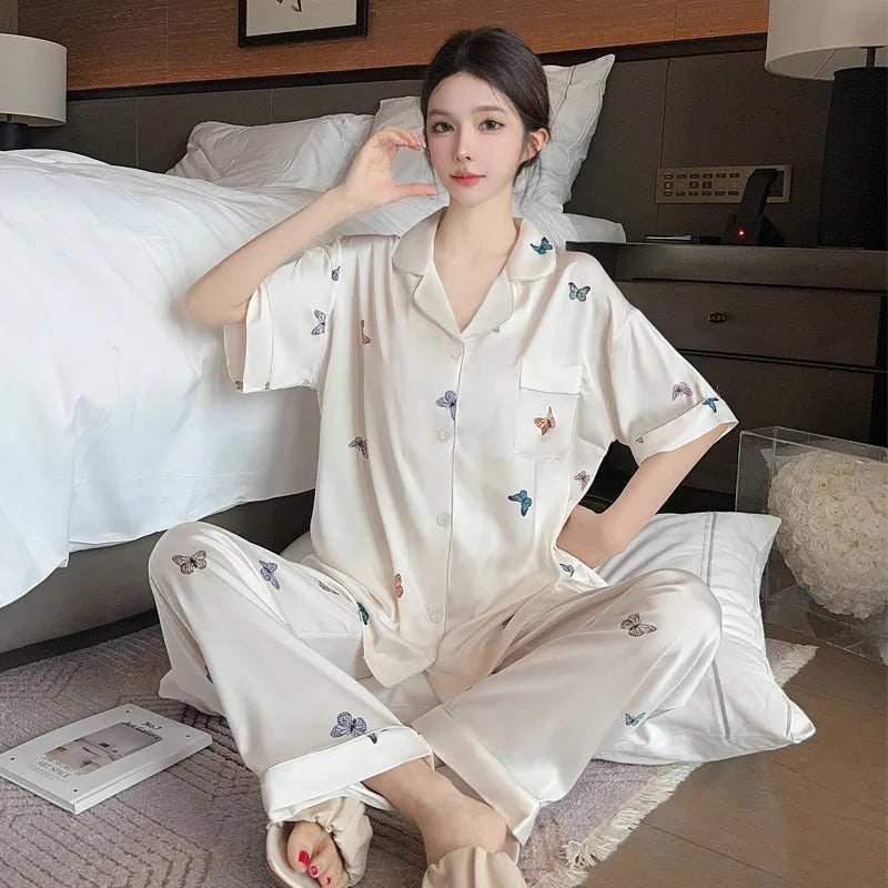 Elegant Ice Silk Sleepwear Women's Summer Butterfly Print Short Sleeve Home Clothes Set Can Be Worn Outside Breathable Casual