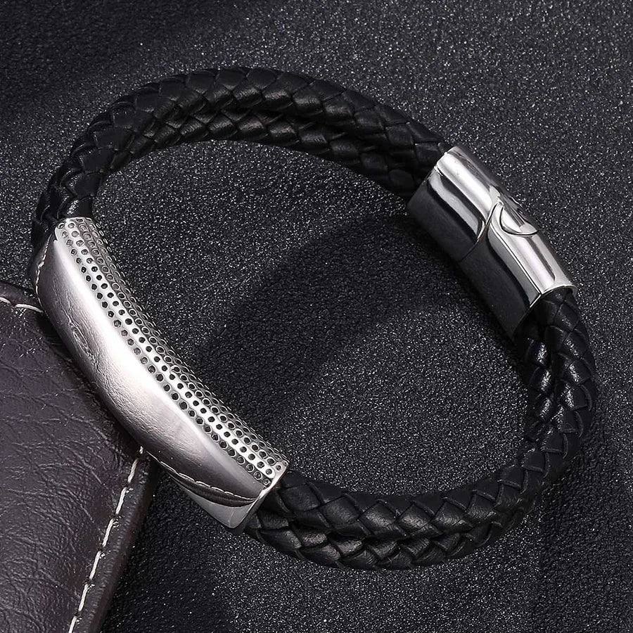 Retro Punk Solid Color 304 Stainless Steel Pu Leather Plating Men's Bangle Men Cord & Leather Bracelets