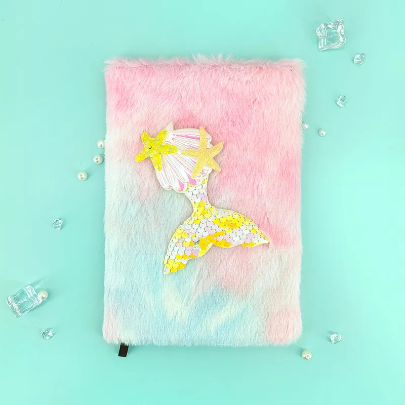 Mermaid Tail Shiny Sequin Plush Notebook A5 Size 80 Pages Cute Cartoon Style Memory Book Diary Gift For Girls