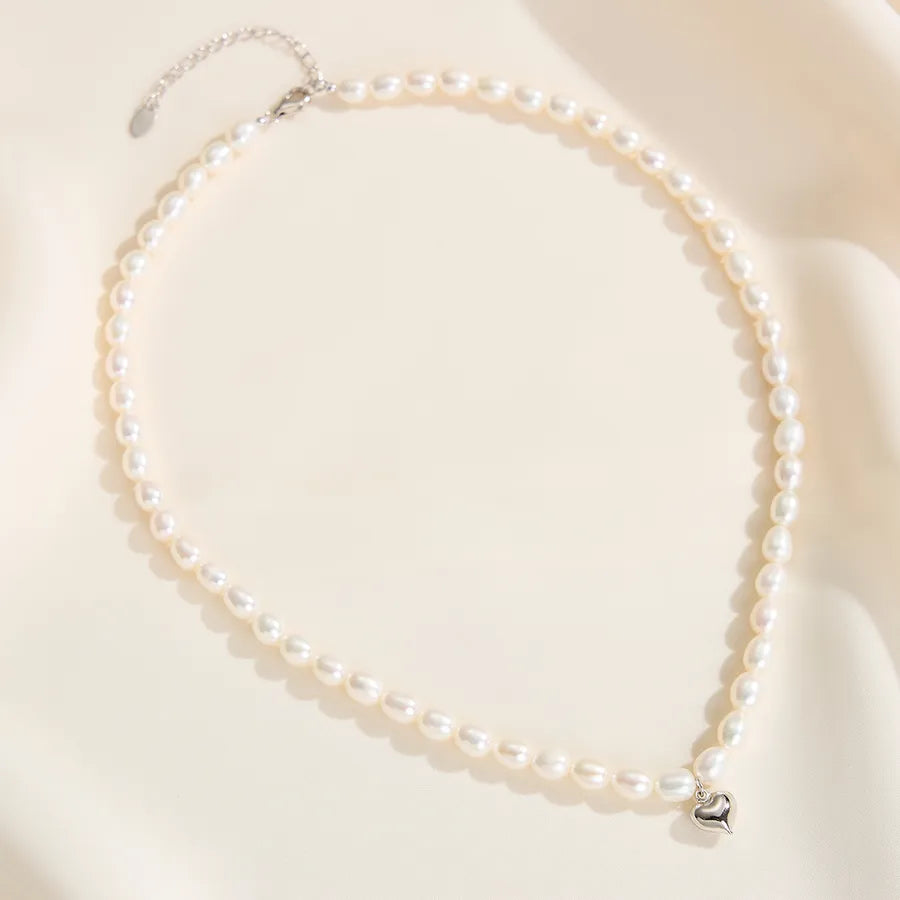 925 Sterling Silver Freshwater Pearl Long-Lasting Plated Beaded Chain Heart Shape Necklace