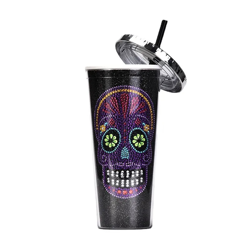 new double-layer plastic straw cup creative halloween skull head large capacity drink cup