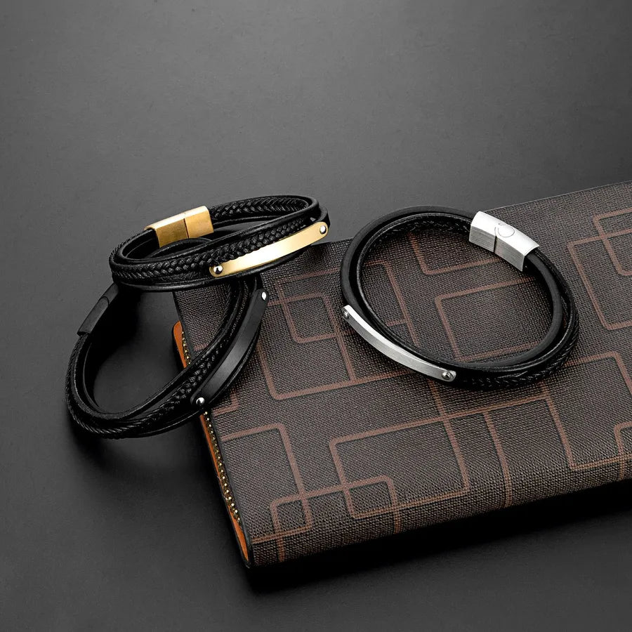 Retro Punk Geometric 316L Stainless Steel  Leather Plating Men's wristband Men Cord & Leather Bracelets