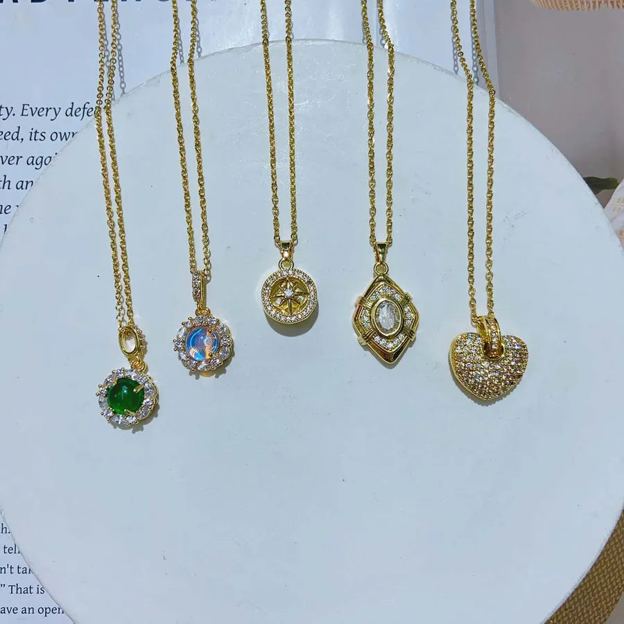 Wholesale Jewelry Casual Romantic Commute Round Heart Shape Rhombus 304 Stainless Steel Copper Moonstone Zircon 18K Gold Plated Plating Inlay cable chain Pendant Necklace