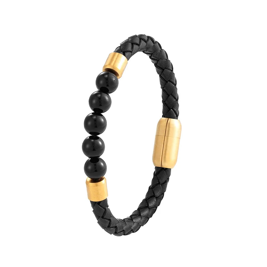 Retro Simple Style Geometric 316L Stainless Steel  Leather Plating Men's Bracelets Men Cord & Leather Bracelets