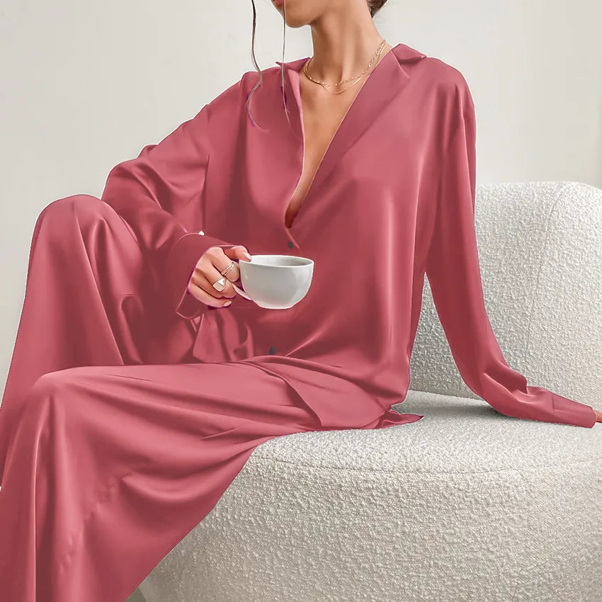 women's fashion solid color imitated silk polyester pants sets
