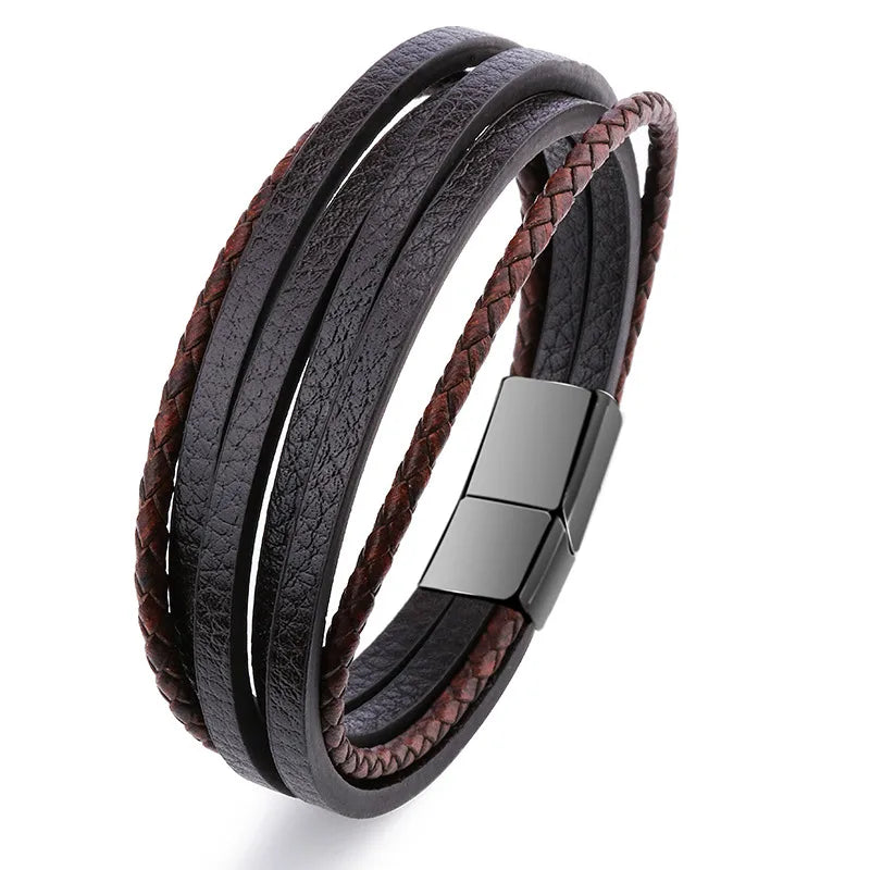 Retro Simple Style Solid Color Pu Leather Alloy Magnetic Buckle Layered Plating Men's Bracelets Men Cord & Leather Bracelets