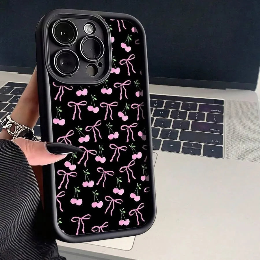 Pink Cherry Bowknot Case for Apple 16 Pro Max, 15 Day Eye Step, 14 Export, 13 Premium, 12 European