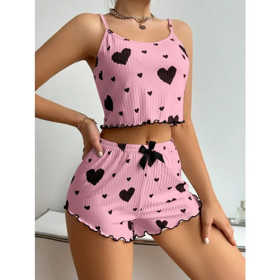 Home Sleeping Women's Sweet Heart Shape Bow Knot Rib Fabrics Shorts Sets Pajama Sets