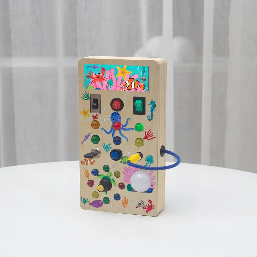 popular children's early education wooden LED light socket switch busy board toy hands-on wooden toy