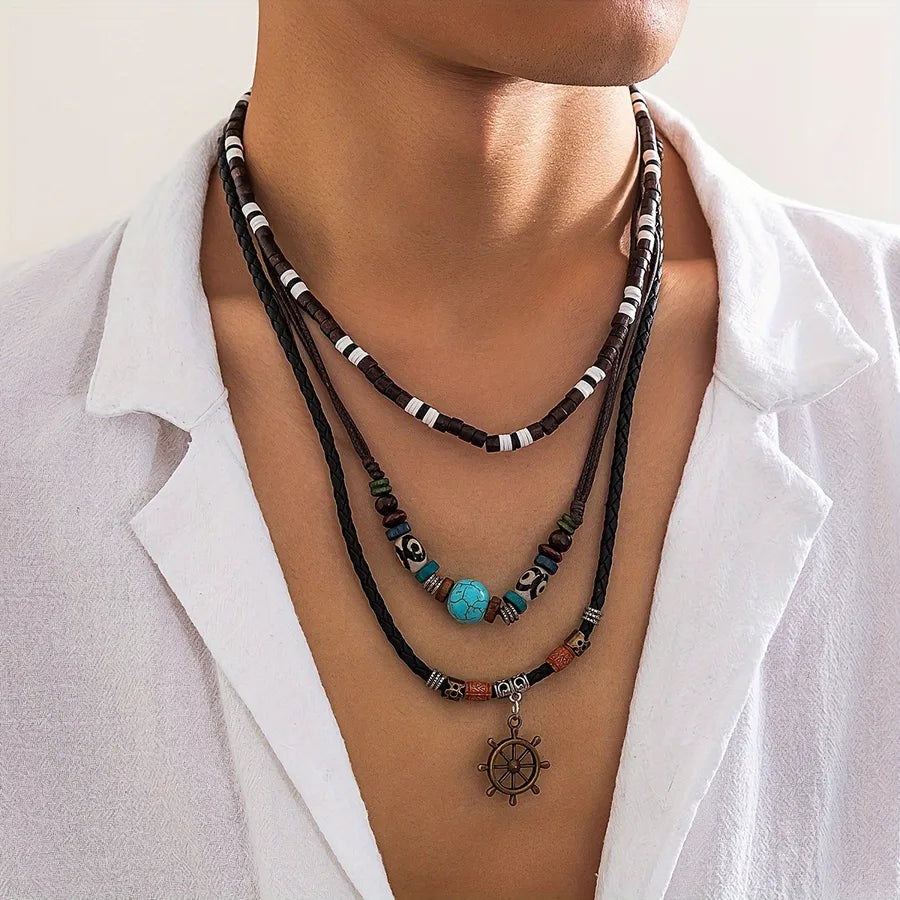 Ethnic Style Bohemian Classic Style Geometric Anchor Wood turquoise rope Wholesale Three Layer Necklace