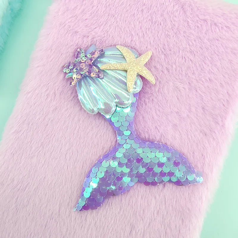 Mermaid Tail Shiny Sequin Plush Notebook A5 Size 80 Pages Cute Cartoon Style Memory Book Diary Gift For Girls