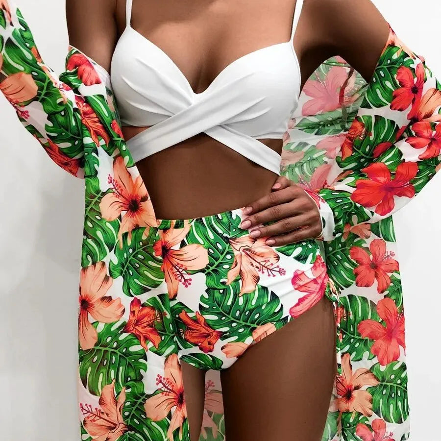 Women's Simple Style Ditsy Floral 3 Pieces Set Bikinis Swimwear