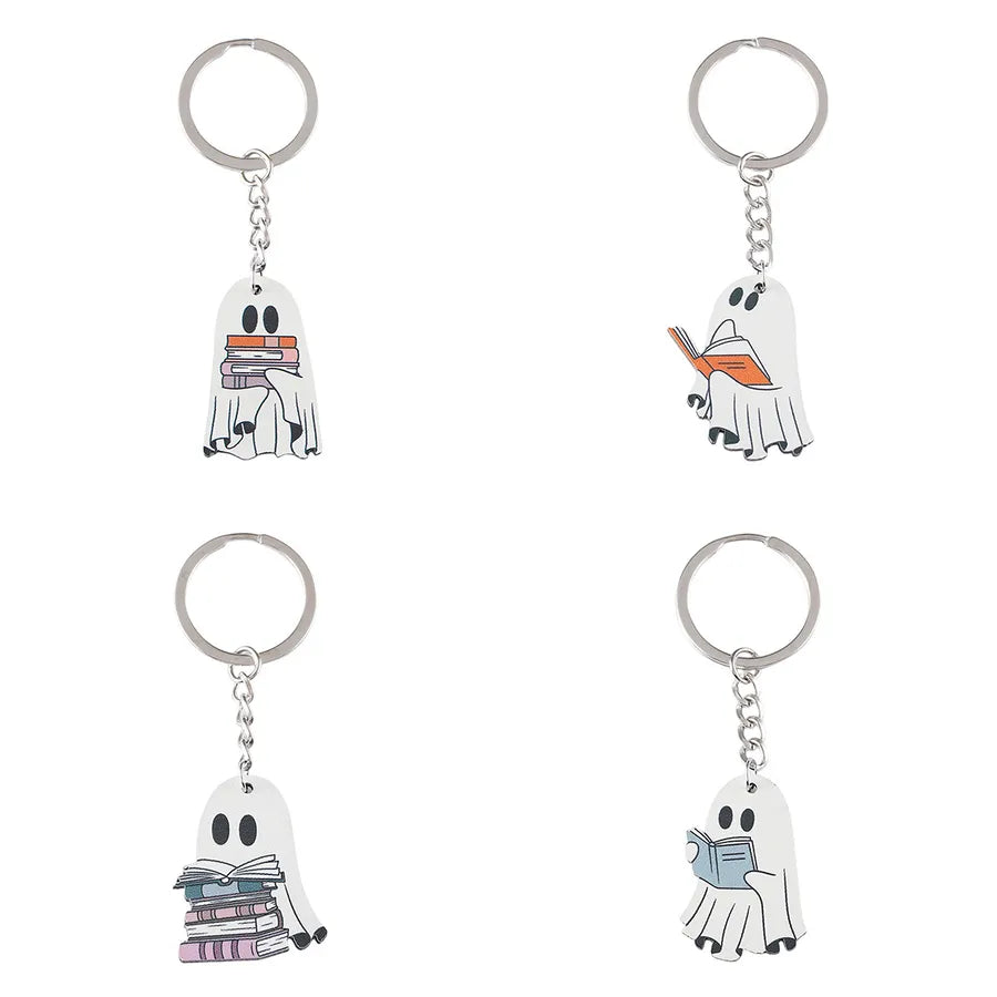 Wooden Halloween Ghost Keychain Pendants Cartoon Style Book Theme Hanging Ornaments Gifts For Party Decorations