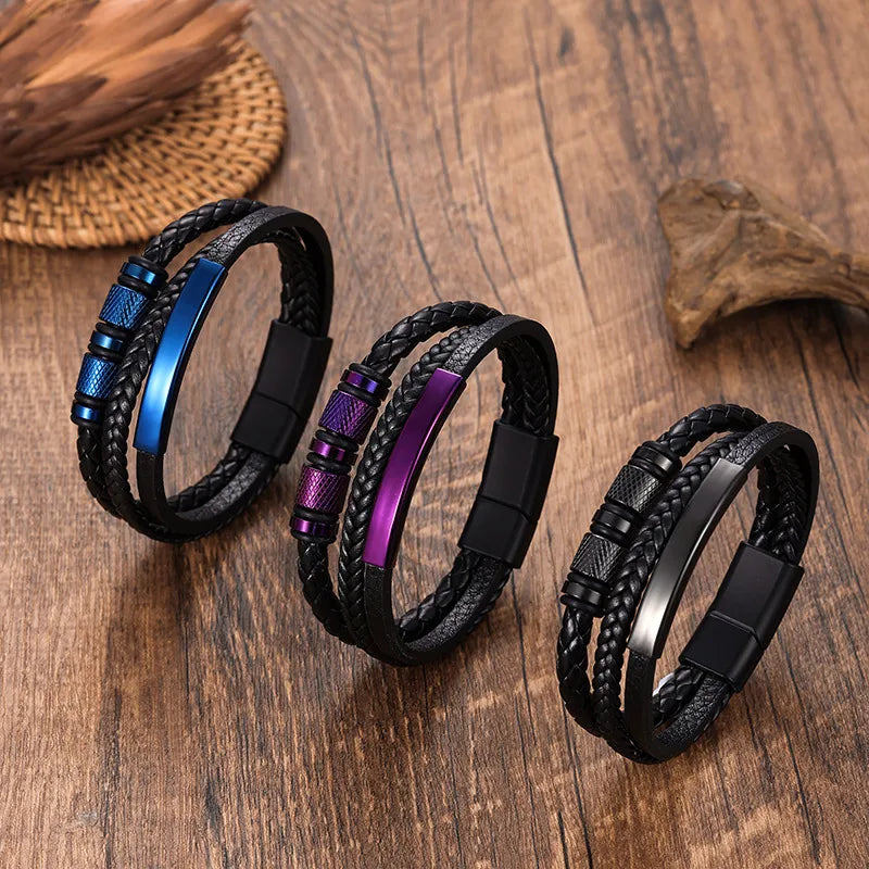 Punk Solid Color Pu Leather Titanium Steel Plating Men's Bangle Men Cord & Leather Bracelets