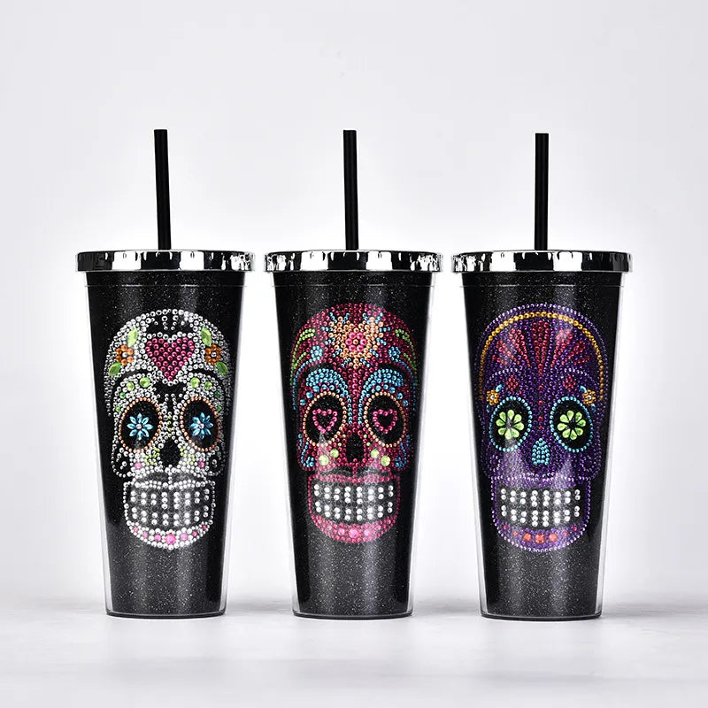 new double-layer plastic straw cup creative halloween skull head large capacity drink cup