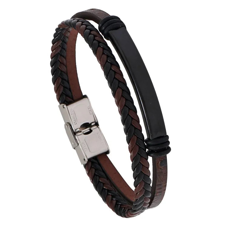 Simple Style Solid Color 304 Stainless Steel Pu Leather Men's Bracelets Men Cord & Leather Bracelets