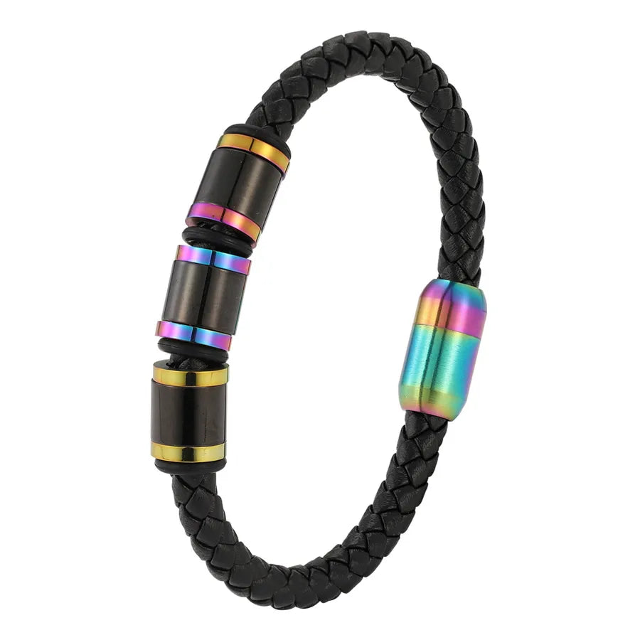 Style Fashion Seven- Multi-Color Stainless Steel Charm Men's Leather Rope Genuine Leather Bracelet Jewelry