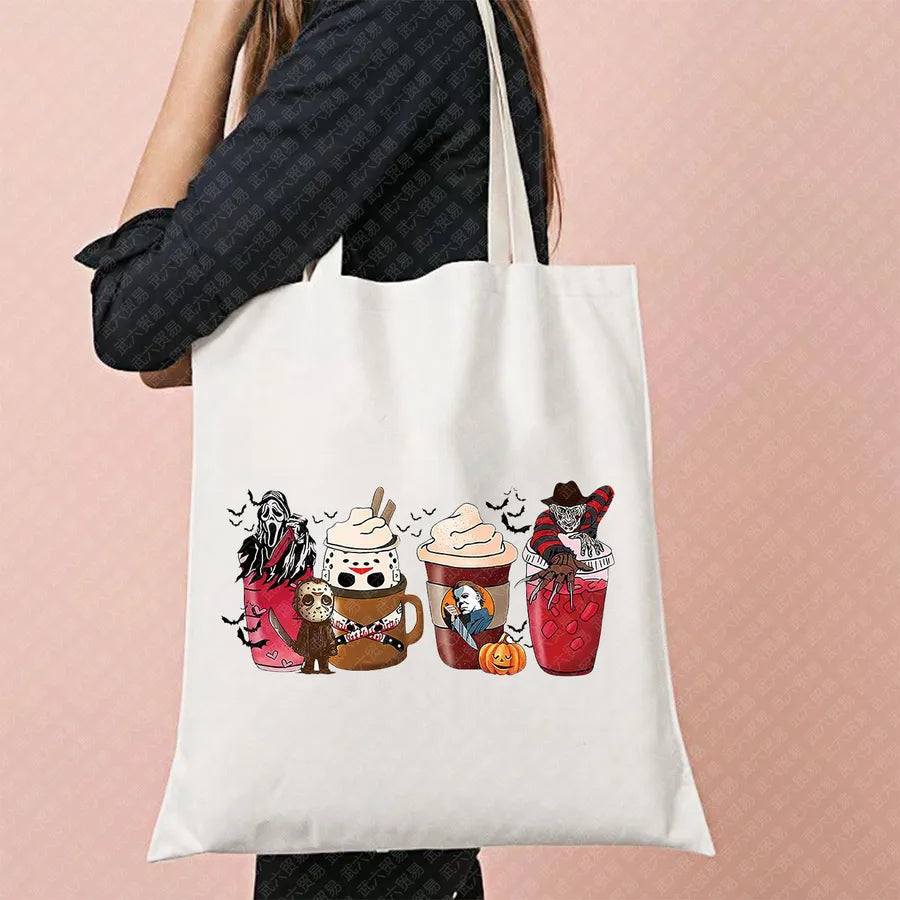 Scary Cat Halloween Pumpkin Pattern Canvas Tote Bag Reusable Shopping Bag Large Square Shape Double Shoulder Strap Tote Bag
