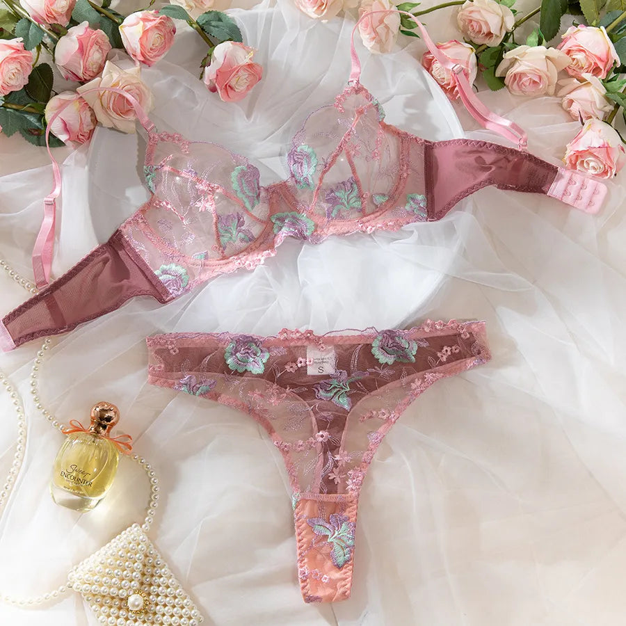 Europe and the United States cross-border lace embroidery women's bra flower embroidery advanced craft steel ring gathered sexy underwear suit