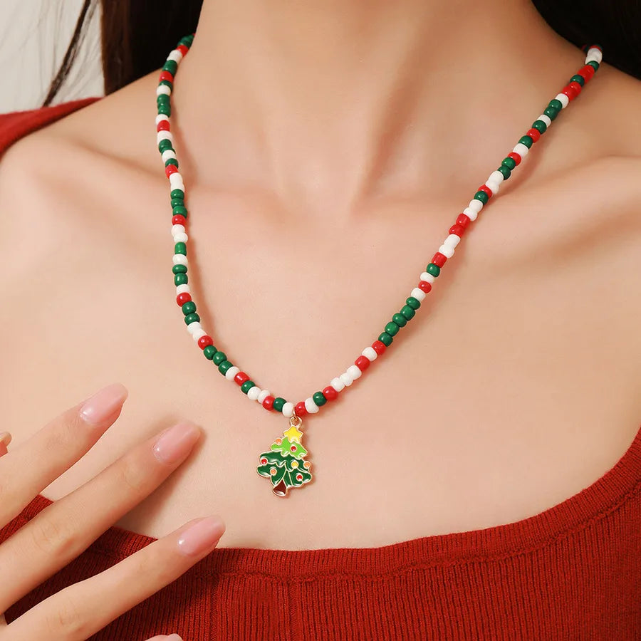 Christmas Themed Double Layered Necklace With Santa Claus Design Glass Beads Clavicle Chain Jewelry Accessory For Unisex Use