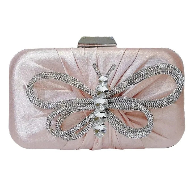 Elegant Diamond Butterfly Knot Clutch Bag Shoulder Crossbody Bag For Women Party Dinner Bag Silk Square Handbag Fashionable