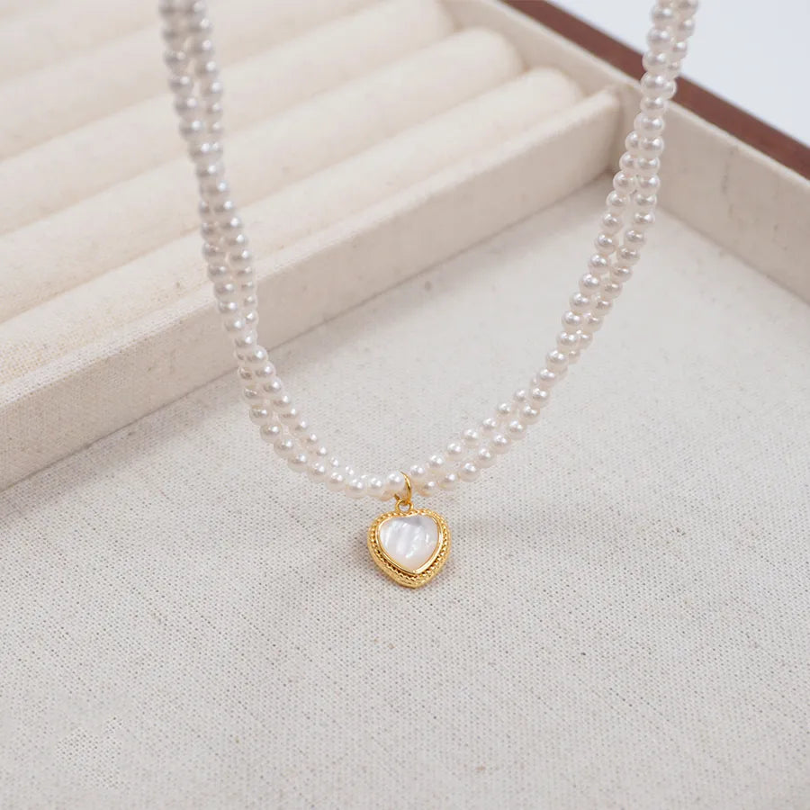 Elegant Glam Vintage Style Heart Shape Imitation Pearl Titanium Steel Copper Handmade Shell Gold Plated Women's Pendant Necklace