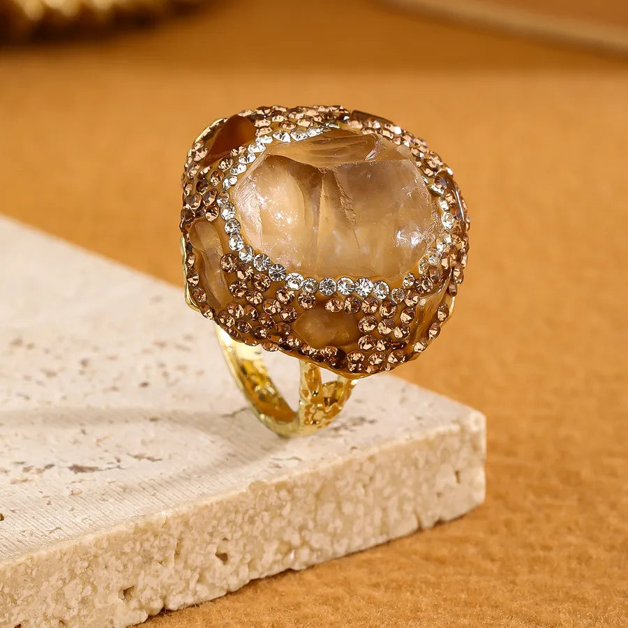 Elegant Vacation Handmade Irregular natural stone Crystal Copper Asymmetrical Irregular Natural Stone Crystal 14K Gold Plated Women's Open Rings