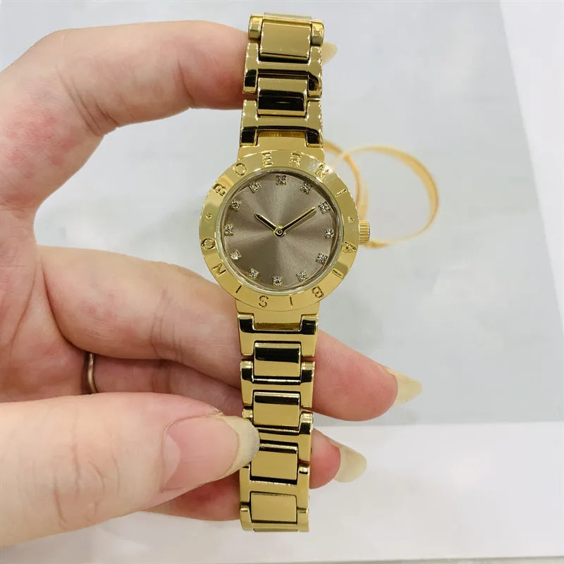 IBSO Gold Diamond Embedded Ladies Watch Small Dial Waterproof Fashionable Quartz Stainless Steel Band Round Shape Luxury Brand