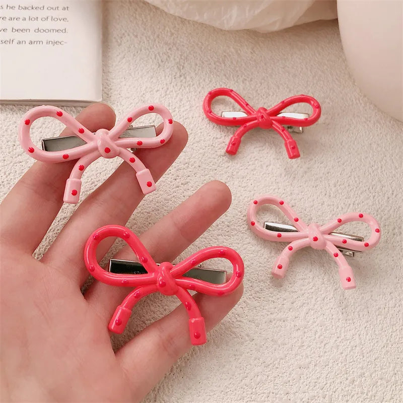 Pink Polka Dot Butterfly Knot Hair Clip Women's Forehead Bangs Clip Side Duckbill Clip Fringe Hairdressing Accessories