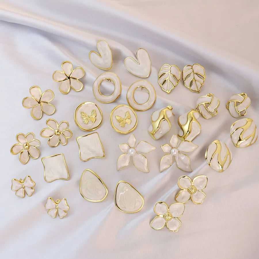 14 Pairs Simple Style Round Leaves Heart Shape 304 Stainless Steel 18K Gold Plated Ear Studs