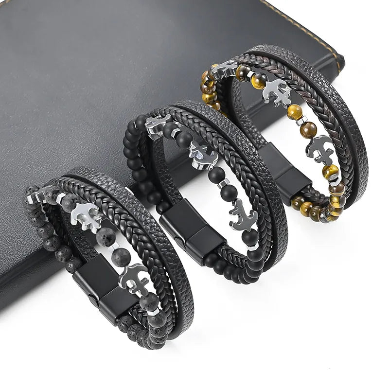 Retro Punk Solid Color Pu Leather Zinc alloy Plating Men's Bracelets Men Cord & Leather Bracelets